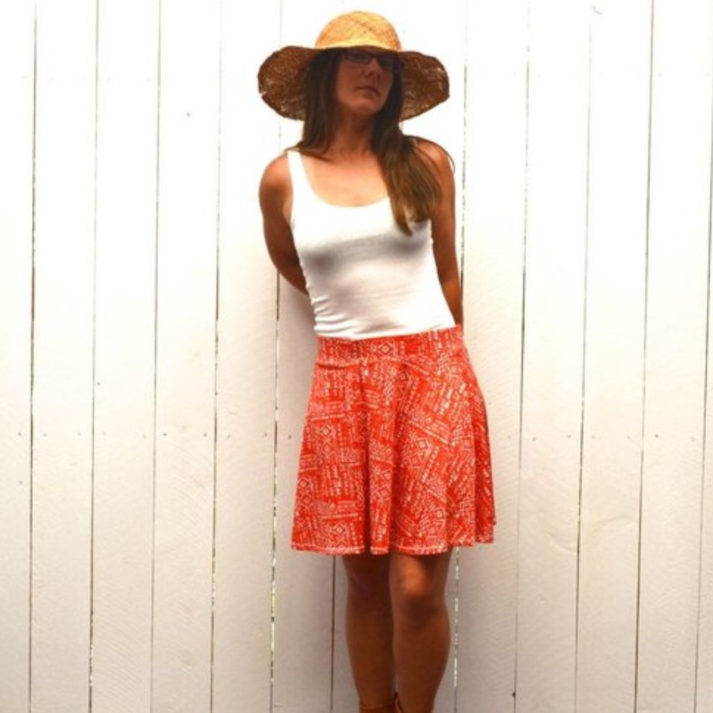 Aztec Print Cotton Stretch Midi Skirt Red White L